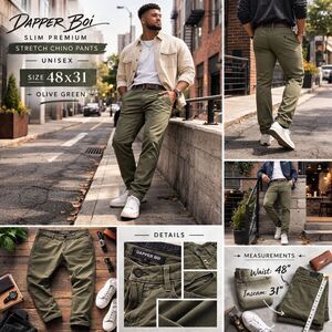 Dapper Boi Chino Slim Premium Pants Stretch Men's Size 48x31 Olive Green Preppy